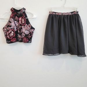 Haute Nites Sequin Floral Black Skirt Set Size 3